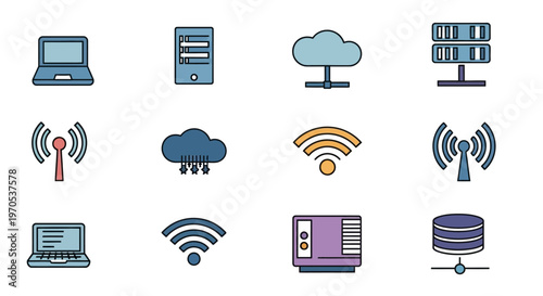 Technology icons for internet networking.