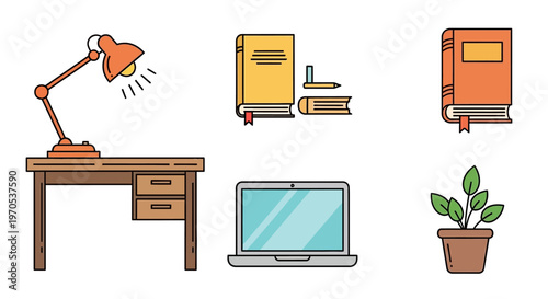 Brown wooden office desk with lamp.