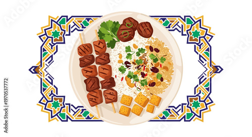 Middle Eastern Food Vector Illustration Rice Biryani and Kebab with Islamic Geometric Pattern for Ramadan