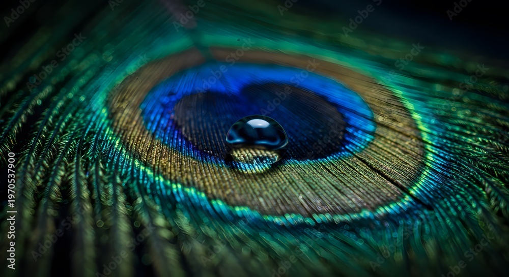 Fototapeta premium Peacock feather closeup with a single round water droplet resting on its iridescent eye pattern
