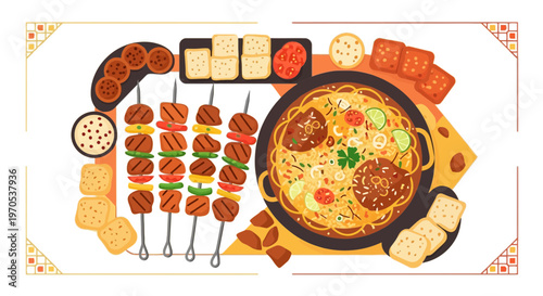 Middle Eastern Food Illustration Set with Biryani Rice, Meat Kebabs, Pita Bread, and Falafel for Ramadan Kareem and Eid Mubarak Concept Vector.