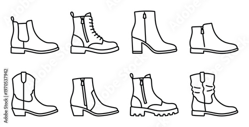 Ankle boots and chelsea boot styles collection in thin line vector format for fashion retail catalog