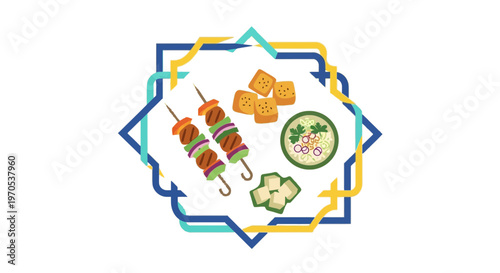 Halal Food Illustration with Beef Satay and Islamic Geometric Frame for Ramadan and Eid Mubarak
