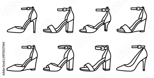 Ankle strap sandal icons set vector illustration different heel types for summer fashion footwear art
