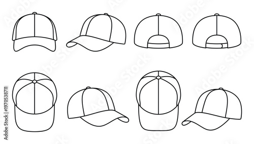 Collection of baseball caps shown from multiple angles in outline vector graphics for versatile design