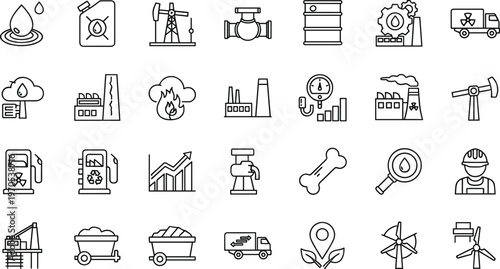 Industrial and Energy Icons Set, Oil, Gas, Manufacturing, and Environmental Symbols for Power, Resource Management, and Sustainability Concept