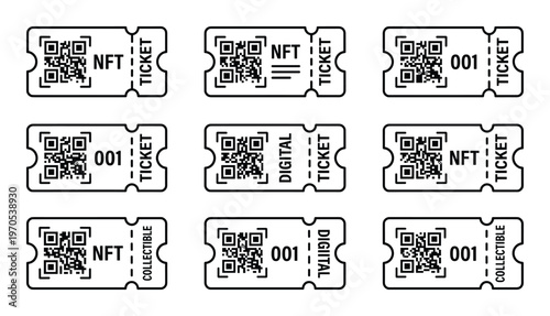 Collection of nine different nft tickets with qr codes and text for digital collectibles