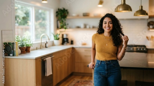 Woman standing in modern kitchen smiling.