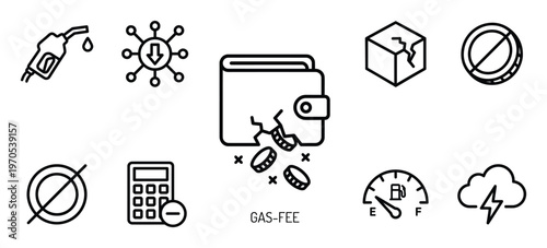Crypto gas fee concept with broken wallet losing coins blockchain network and empty fuel gauge icon