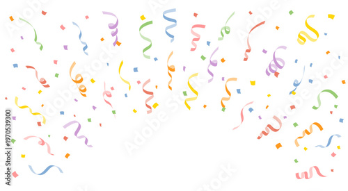 Colorful confetti and ribbons flowing festive background with copy space