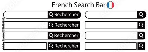 Ensemble d’UI de barre de recherche avec bouton « Rechercher » en français (Design simple de champ de saisie avec icône de loupe pour sites web et applications)