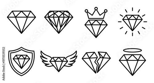 Eight diamond icons in various styles like with crown broken wings and shining