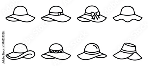 Elegant assortment of eight wide-brimmed sun hats in outline vector, featuring bows and ruffled edges