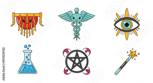 Colorful Cute Magic and Fantasy Symbols Vector Illustration Set with Alchemy, Esoteric, and Mystical Icons for Gaming, Spiritual, and App Design Elements