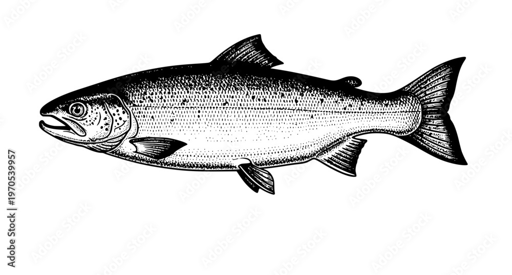Obraz premium Vintage salmon fish engraving vector illustration detailed seafood sketch in antique ink style isolated