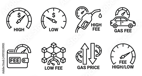 Gas fee indicators for blockchain transactions showing high low levels with gauges and network icons