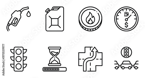 Gas pump nozzle fuel canister coin with flame and dollar sign traffic light hourglass