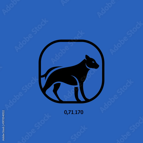 Silhouette of a dog within a rounded square frame.