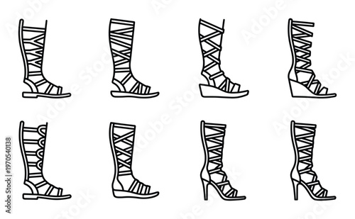 Gladiator sandals icon set featuring high lace up straps flat soles wedge heels and stiletto designs