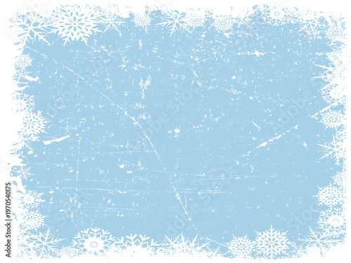 Grunge snowflakes frame iced background winter texture frozen border cold decorative design element with frost pattern for seasonal holiday cards and banners