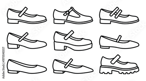Group of Mary Jane shoe icons in outline on transparent background classic footwear collection