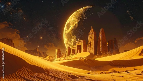 Mystical desert ruins under a glowing crescent moon with starry night sky