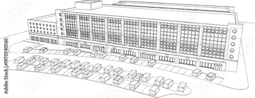 Modern Commercial Building with Parking Lot, Urban Architecture Outline Drawing for City Development and Construction Concepts
