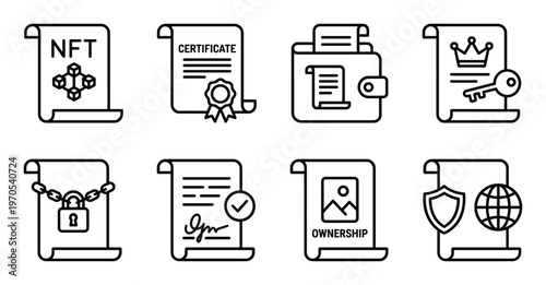 NFT certificate line icons set featuring digital contract, ownership and secure chain symbols
