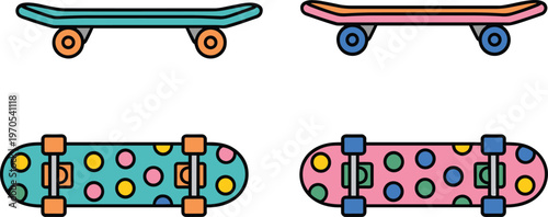 Colorful skateboard vector set featuring side view and bottom deck designs with polka dot patterns in pink and teal shades