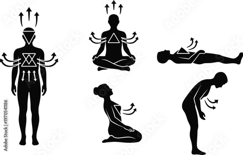 Yoga poses silhouette a series of black and white human figures in various asanas