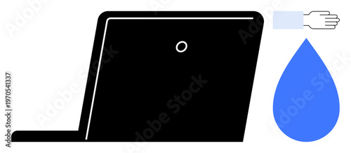 Data protection, technology hazards, water damage, device care, digital fragility, and safety measures. A laptop near a hand and droplet. Data protection and technology hazard concepts