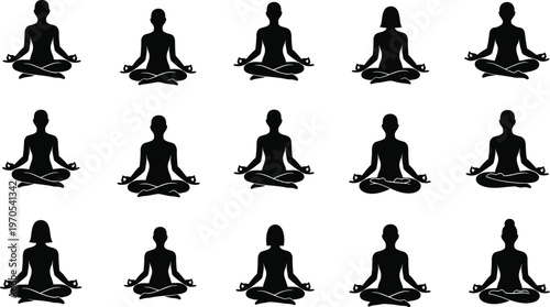 Silhouette collection multiple figures in lotus position for meditation and wellness