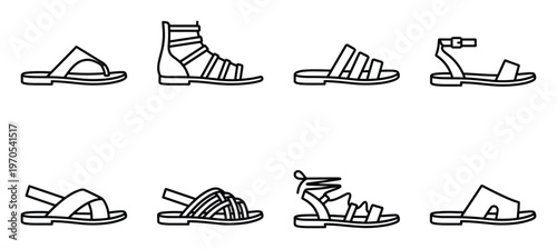 Set of eight sandals for men and women, outline style design collection. summer footwear icons
