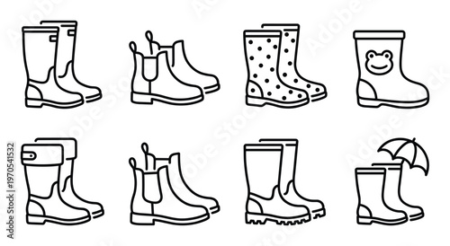 Set of rain boots and chelsea boots outline drawings vector illustrations collection