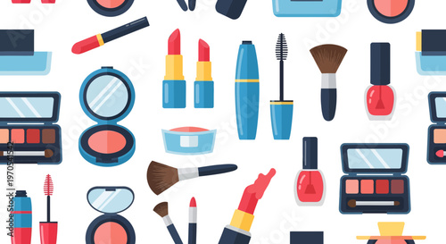 Colorful Makeup Cosmetics Vector Illustration Seamless Pattern for Beauty Fashion Background and Branding