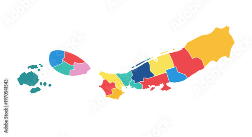 Colorful Segmented Island Map Vector Illustration Showing Geographical Administrative Divisions for Travel Planning, Regional Data Visualization, and Political Representation