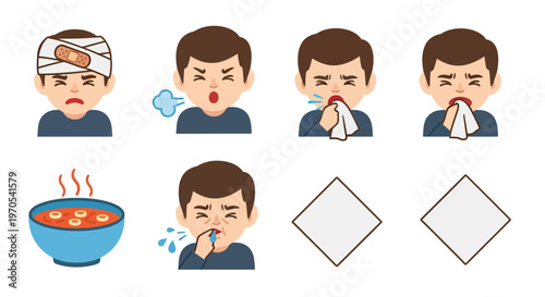 Common Sickness Symptoms and Recovery Vector Illustration Set with Blank Copy Space, Flat Design Style Graphic for Health, Medical, and Wellness Content