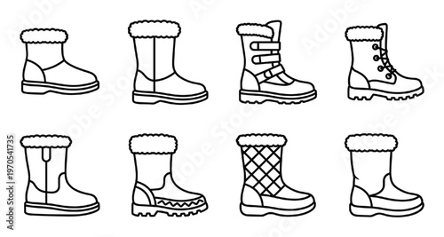 Set of various winter boots for men and women, outline style design elements collection