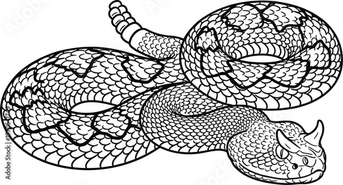 Rattlesnake Vector Illustration with Detailed Line Art for Wildlife, Reptiles, and Venomous Creatures Designs