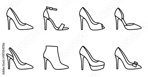 Set of women shoes vector line icon collection isolated on transparent background