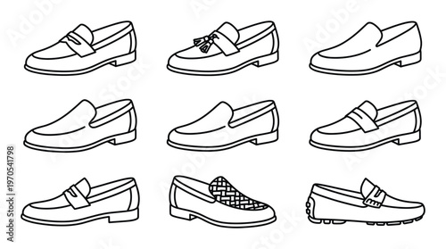Set of various loafer shoes, outline style design elements collection. classic men's fashion
