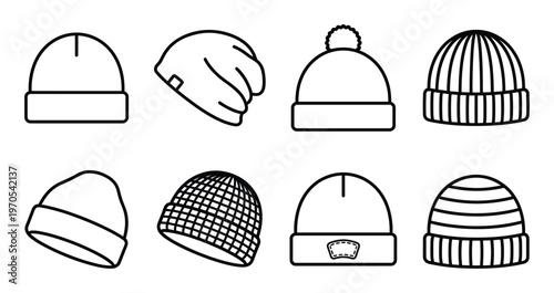 Variety of knitted beanies and winter hats in black outline vector, including pom-pom and textured designs