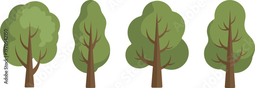 Set of green deciduous trees with brown trunks and leafy canopies isolated on white background for landscape design vector illustration