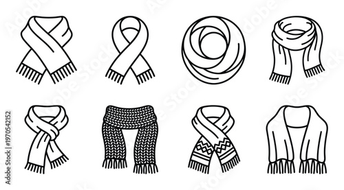 Winter scarf clothing accessories outline icons for fashion design and cold weather apparel styling