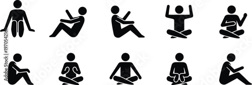 Black silhouette icons depicting various human yoga and meditation poses