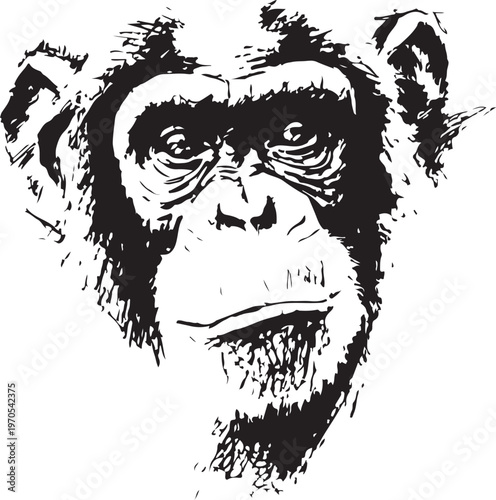chimpanzee face illustration, monkey portrait vector, black and white animal head design, wildlife primate sketch, detailed expressive ape artwork