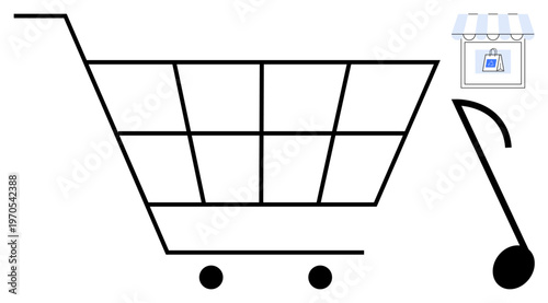 E-commerce, online shopping, retail business, digital trade, grocery purchase, commercial transactions. Shopping cart with small retail shop icon commerce. E-commerce and online shopping concept