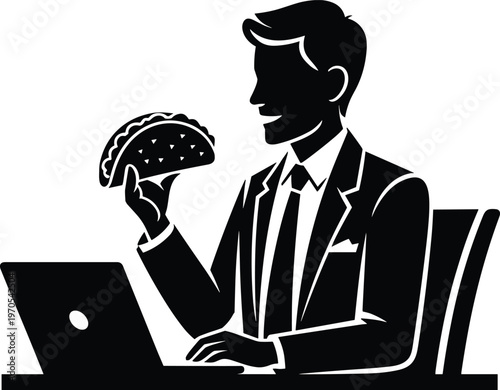 Man in suit holding taco in front of laptop at desk with food break with lunch break