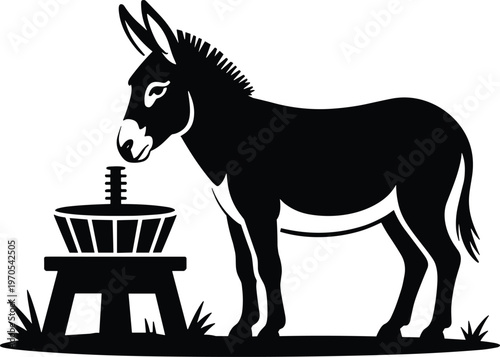Silhouette of a donkey next to a grinding mill with pack animal with beast of burden with farm animal with stone mill with black and white