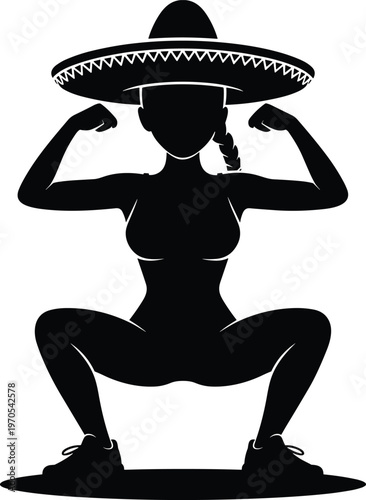 Woman in sombrero squatting and flexing muscles with strength training